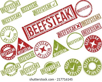 Collection of 22 red grunge rubber stamps with text "BEEFSTEAK" . Vector illustration