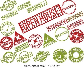 Collection of 22 red grunge rubber stamps with text "OPEN HOUSE" . Vector illustration