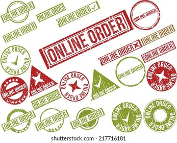 Collection of 22 red grunge rubber stamps with text "ONLINE ORDER" . Vector illustration