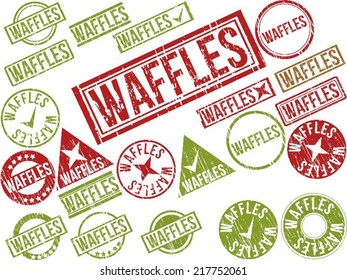 Collection of 22 red grunge rubber stamps with text "WAFFLES" . Vector illustration