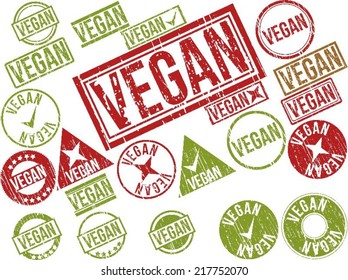 Collection of 22 red grunge rubber stamps with text "VEGAN" . Vector illustration