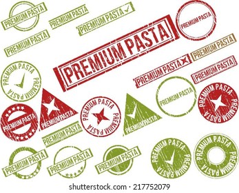 Collection of 22 red grunge rubber stamps with text "PREMIUM PASTA" . Vector illustration