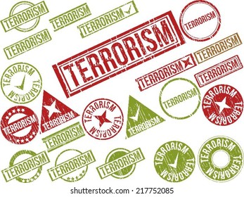 Collection of 22 red grunge rubber stamps with text "TERRORISM" . Vector illustration