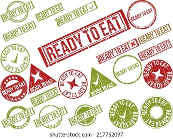 Collection of 22 red grunge rubber stamps with text "READY TO EAT" . Vector illustration