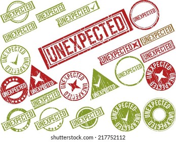 Collection of 22 red grunge rubber stamps with text "UNEXPECTED" . Vector illustration