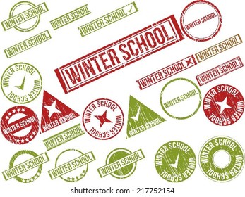 Collection of 22 red grunge rubber stamps with text "WINTER SCHOOL" . Vector illustration
