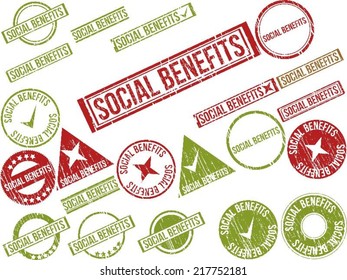 Collection of 22 red grunge rubber stamps with text "SOCIAL BENEFITS" . Vector illustration