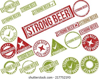 Collection of 22 red grunge rubber stamps with text "STRONG BEER" . Vector illustration