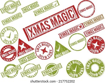 Collection of 22 red grunge rubber stamps with text "XMAS MAGIC" . Vector illustration