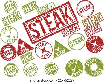 Collection of 22 red grunge rubber stamps with text "STEAK" . Vector illustration