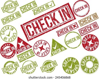 Collection of 22 red grunge rubber stamps with text "CHECK IN" . Vector illustration