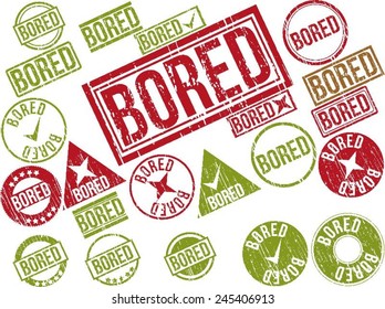 Collection of 22 red grunge rubber stamps with text "BORED" . Vector illustration