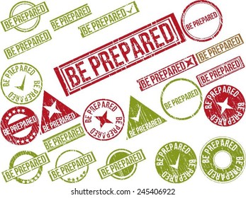 Collection of 22 red grunge rubber stamps with text "BE PREPARED" . Vector illustration