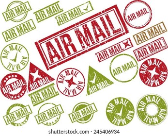 Collection of 22 red grunge rubber stamps with text "AIR MAIL" . Vector illustration