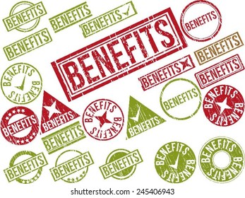 Collection of 22 red grunge rubber stamps with text "BENEFITS" . Vector illustration