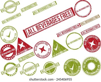 Collection of 22 red grunge rubber stamps with text "ALL BEVERAGES FREE" . Vector illustration