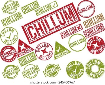 Collection of 22 red grunge rubber stamps with text "CHILLUM" . Vector illustration