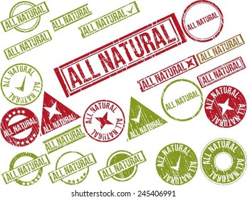 Collection of 22 red grunge rubber stamps with text "ALL NATURAL" . Vector illustration