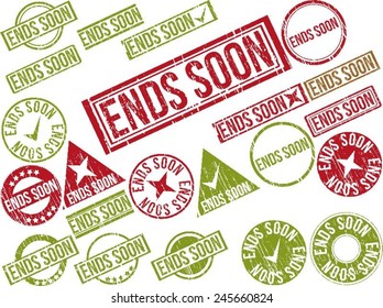 Collection of 22 red grunge rubber stamps with text "ENDS SOON" . Vector illustration