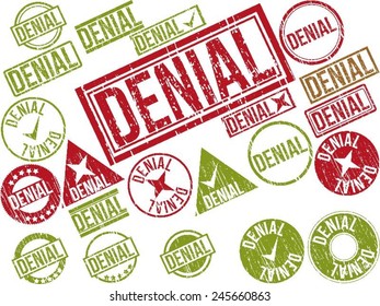 Collection of 22 red grunge rubber stamps with text "DENIAL" . Vector illustration