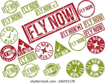 Collection of 22 red grunge rubber stamps with text "FLY NOW" . Vector illustration