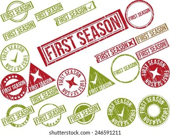 Collection of 22 red grunge rubber stamps with text "FIRST SEASON" . Vector illustration