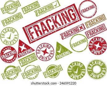 Collection of 22 red grunge rubber stamps with text "FRACKING" . Vector illustration