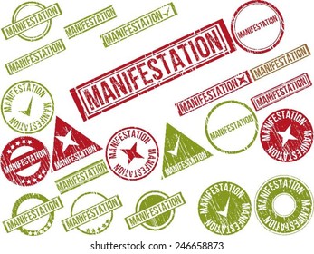 Collection of 22 red grunge rubber stamps with text "MANIFESTATION" . Vector illustration