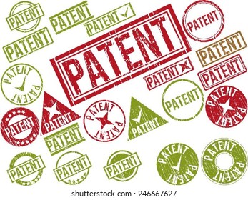 Collection of 22 red grunge rubber stamps with text "PATENT" . Vector illustration