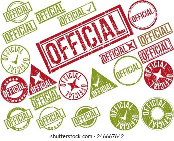 Collection of 22 red grunge rubber stamps with text "OFFICIAL" . Vector illustration