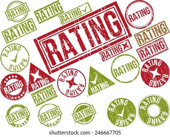 Collection of 22 red grunge rubber stamps with text "RATING" . Vector illustration