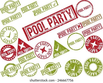 Collection of 22 red grunge rubber stamps with text "POOL PARTY" . Vector illustration