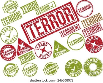 Collection of 22 red grunge rubber stamps with text "TERROR" . Vector illustration