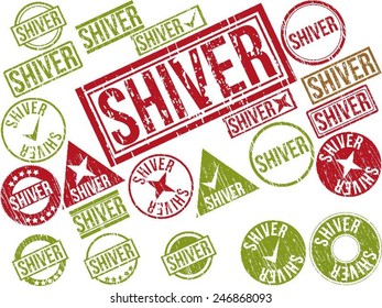 Collection of 22 red grunge rubber stamps with text "SHIVER" . Vector illustration