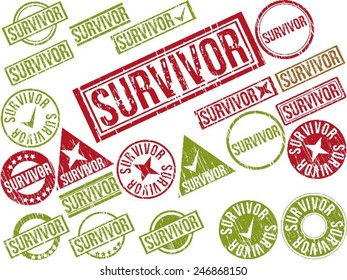 Collection of 22 red grunge rubber stamps with text "SURVIVOR" . Vector illustration
