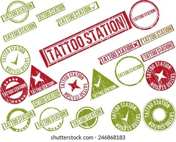 Collection of 22 red grunge rubber stamps with text "TATTOO STATION" . Vector illustration