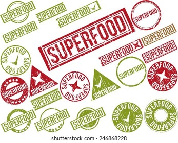 Collection of 22 red grunge rubber stamps with text "SUPERFOOD" . Vector illustration