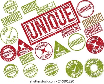Collection of 22 red grunge rubber stamps with text "UNIQUE" . Vector illustration