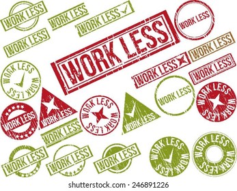 Collection of 22 red grunge rubber stamps with text "WORK LESS" . Vector illustration