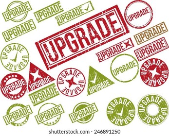 Collection of 22 red grunge rubber stamps with text "UPGRADE" . Vector illustration