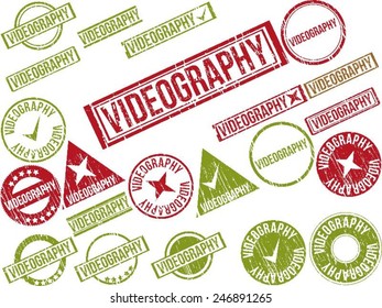 Collection of 22 red grunge rubber stamps with text "VIDEOGRAPHY" . Vector illustration