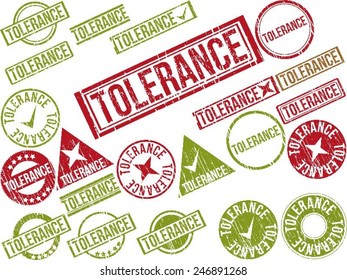 Collection of 22 red grunge rubber stamps with text "TOLERANCE" . Vector illustration