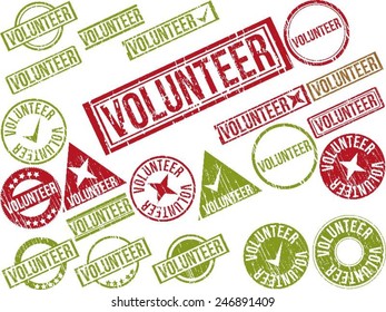 Collection of 22 red grunge rubber stamps with text "VOLUNTEER" . Vector illustration