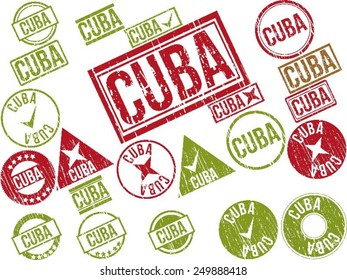 Collection of 22 red grunge rubber stamps with text "CUBA" . Vector illustration
