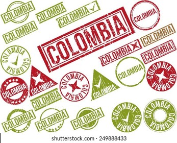 Collection of 22 red grunge rubber stamps with text "COLOMBIA" . Vector illustration