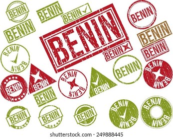 Collection of 22 red grunge rubber stamps with text "BENIN" . Vector illustration