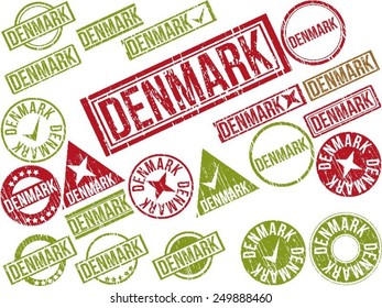 Collection of 22 red grunge rubber stamps with text "DENMARK" . Vector illustration