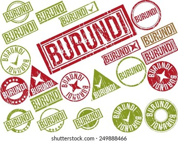 Collection of 22 red grunge rubber stamps with text "BURUNDI" . Vector illustration