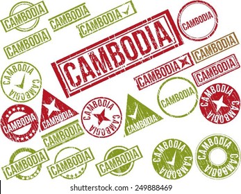 Collection of 22 red grunge rubber stamps with text "CAMBODIA" . Vector illustration