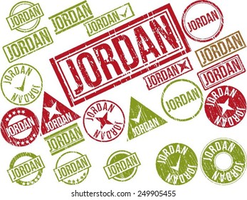 Collection of 22 red grunge rubber stamps with text "JORDAN" . Vector illustration